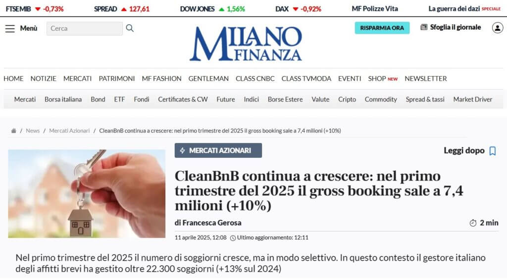 CleanBnB continua a crescere: nel primo trimestre del 2025 il gross booking sale a 7,4 milioni (+10%) - (Milano Finanza)