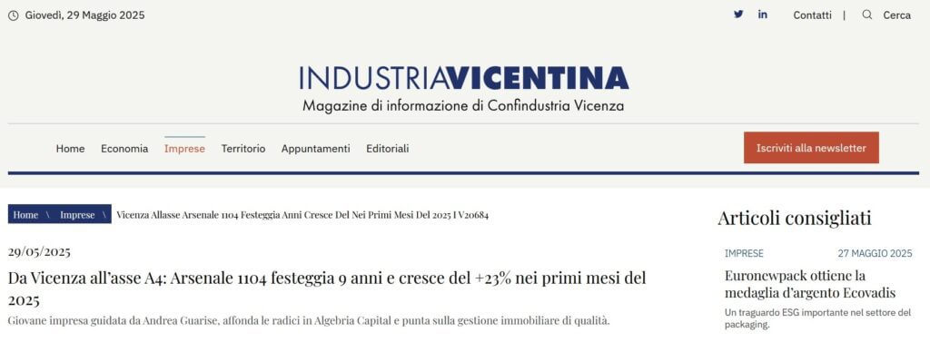 Arsenale 1104 festeggia 9 anni e cresce del +23% nei primi mesi del 2025 (Industria Vicentina)