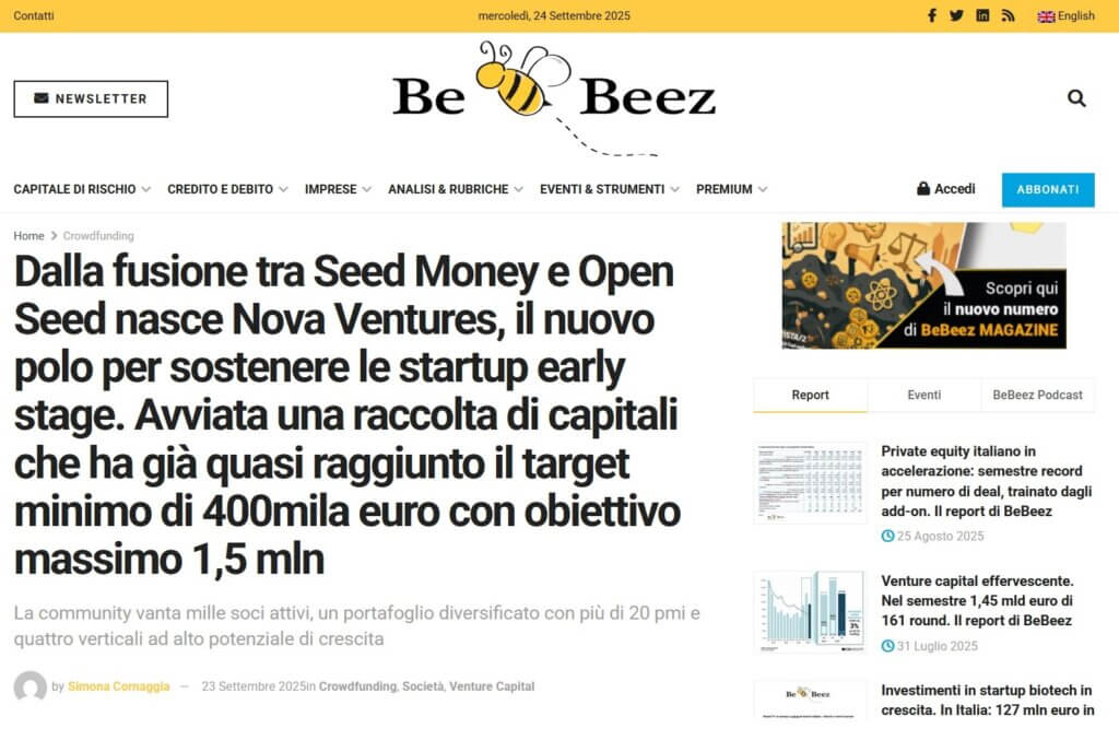 Dalla fusione tra Seed Money e Open Seed nasce Nova Ventures, il nuovo polo per sostenere le startup early stage (BeBeez)