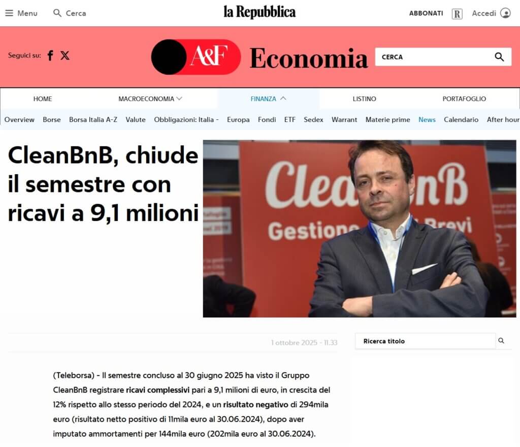 CleanBnB, chiude il semestre con ricavi a 9,1 milioni (La Repubblica)