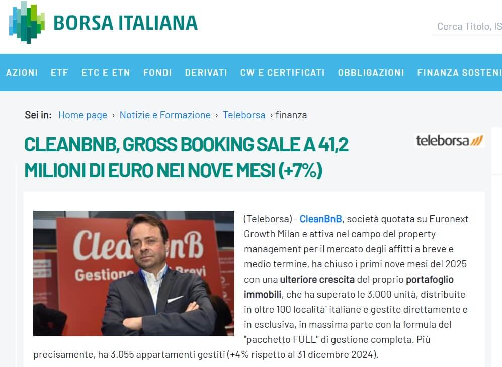 CleanBnB, gross booking sale a 41,2 milioni di euro nei nove mesi (+7%) (Borsa Italiana)