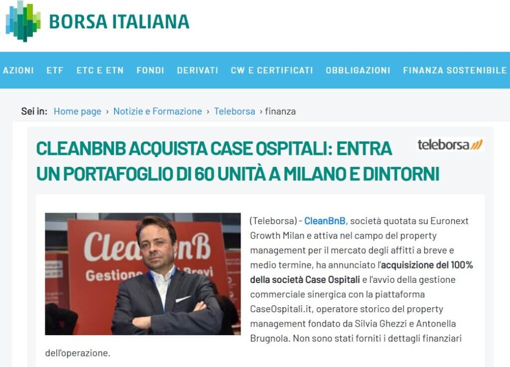 CleanBnB acquista Case Ospitali: entra un portafoglio di 60 unità a Milano e dintorni (Borsa Italiana)