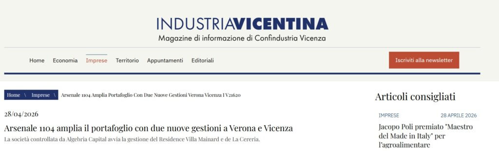 Arsenale 1104 amplia il portafoglio con due nuove gestioni a Verona e Vicenza (Industria Vicentina)