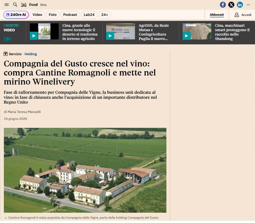 Compagnia del Gusto cresce nel vino: compra Cantine Romagnoli e mette nel mirino Winelivery (Il Sole 24 Ore)