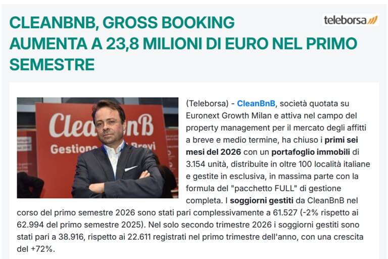 CleanBnB, gross booking aumenta a 23,8 milioni di euro nel primo semestre (Borsa Italiana)
