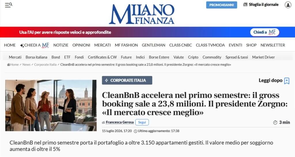 CleanBnB accelera nel primo semestre: il gross booking sale a 23,8 milioni. Il presidente Zorgno: «Il mercato cresce meglio» (Milano Finanza)